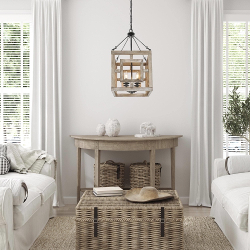 Farmhouse 4-Light Wood Square Chandelier for Dining Room