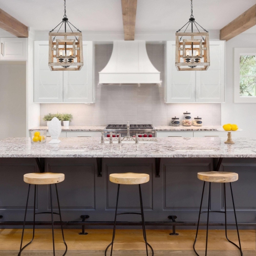 Farmhouse 4-Light Wood Square Chandelier for Dining Room