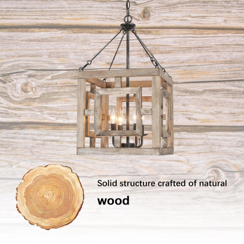 Farmhouse 4-Light Wood Square Chandelier for Dining Room