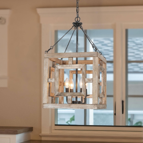 Farmhouse 4-Light Wood Square Chandelier for Dining Room