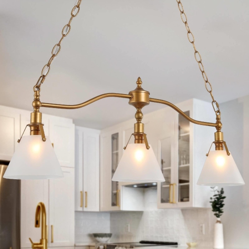 LNC  Modern 3-Light Chandelier Linear Island Lights With Glass Shade In Gold