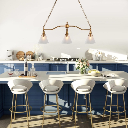 Modern 3-Light Gold Chandelier Linear Island Lights with Glass Shade