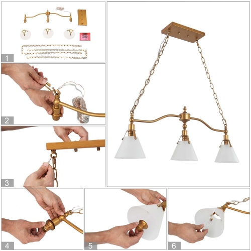 Modern 3-Light Gold Chandelier Linear Island Lights with Glass Shade