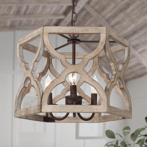 Farmhouse 3-Light Handcrafted Wood Chandelier Lantern Pendant Lights for Dining Room