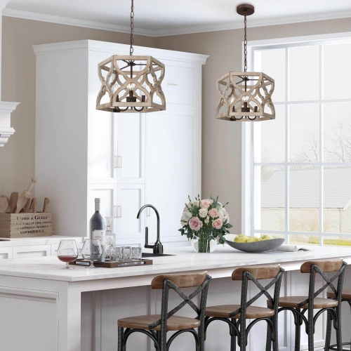 Farmhouse 3-Light Handcrafted Wood Chandelier Lantern Pendant Lights for Dining Room