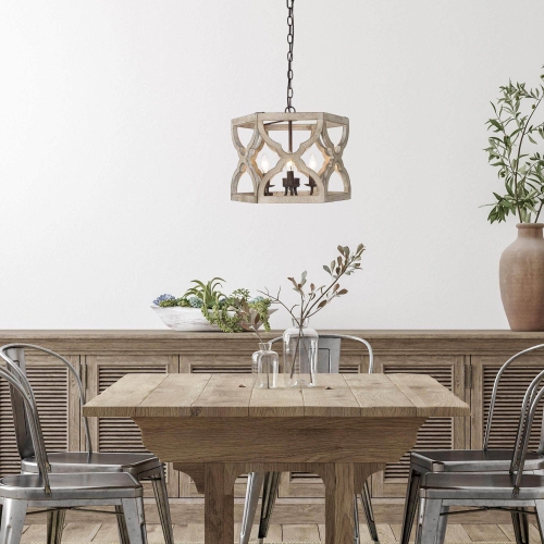 Farmhouse 3-Light Handcrafted Wood Chandelier Lantern Pendant Lights for Dining Room