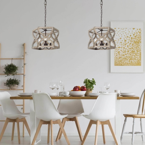 Farmhouse 3-Light Handcrafted Wood Chandelier Lantern Pendant Lights for Dining Room