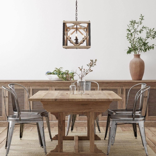 Farmhouse 4-Light Unique Wood Square Chandelier Lantern Pendant Lights