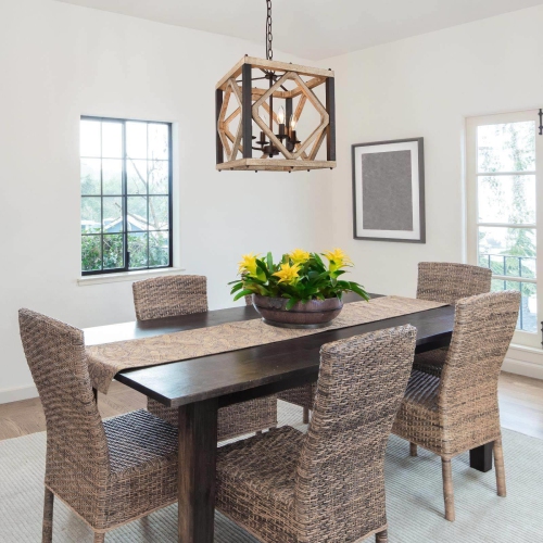 Farmhouse 4-Light Unique Wood Square Chandelier Lantern Pendant Lights