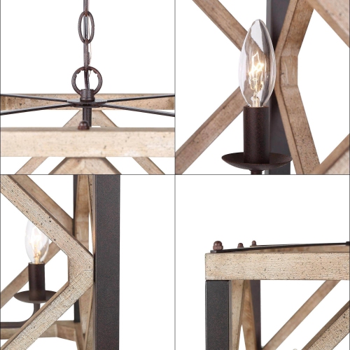 Farmhouse 4-Light Unique Wood Square Chandelier Lantern Pendant Lights