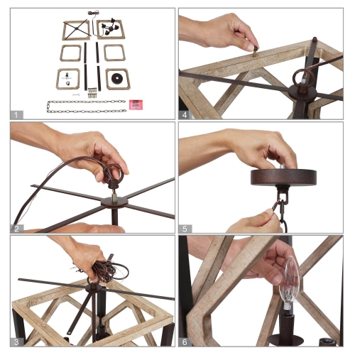 Farmhouse 4-Light Unique Wood Square Chandelier Lantern Pendant Lights