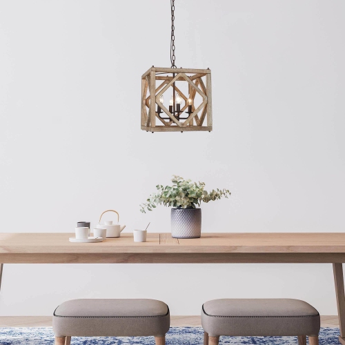 Farmhouse 4-Light Antique Wood Square Chandelier for Dining Room 