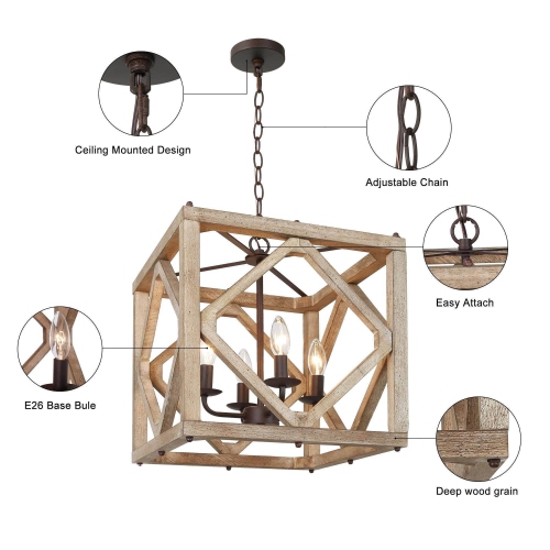 Farmhouse 4-Light Antique Wood Square Chandelier for Dining Room 