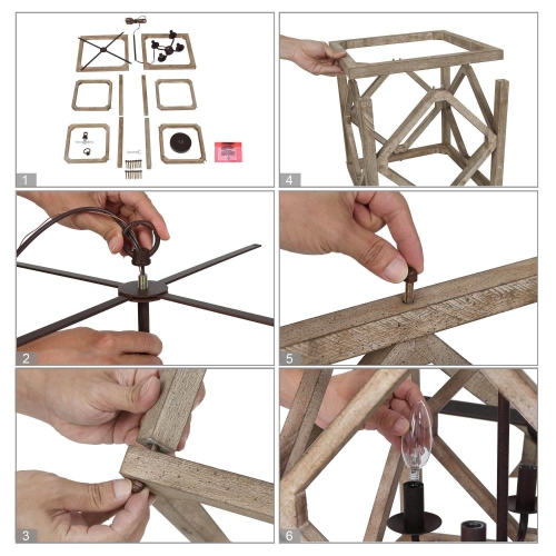 Farmhouse 4-Light Antique Wood Square Chandelier for Dining Room 