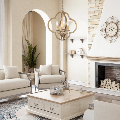 Mid-Century Modern Gold 4-Light Quatrefoil Lantern Chandelier for Dining Room