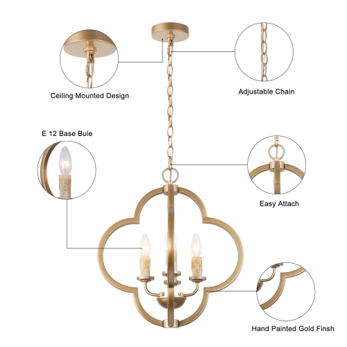 Mid-Century Modern Gold 4-Light Quatrefoil Lantern Chandelier for Dining Room
