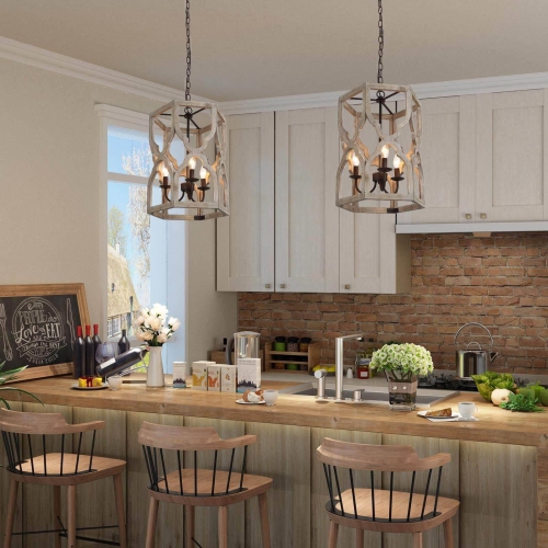 Modern Farmhouse 3-Light Cylinder Wood Chandelier for Dining Room