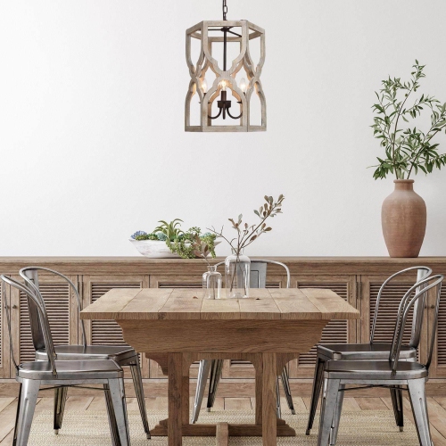 Modern Farmhouse 3-Light Cylinder Wood Chandelier for Dining Room