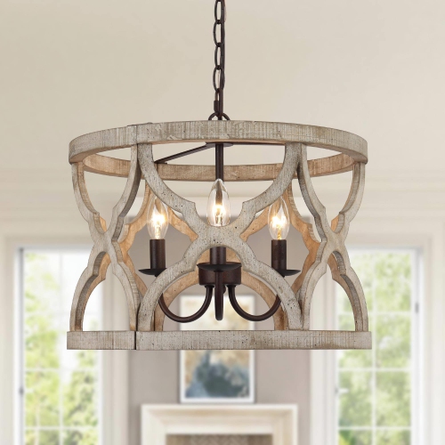 Lustre moderne de style champêtre en bois à 3 lampes pour salle à manger