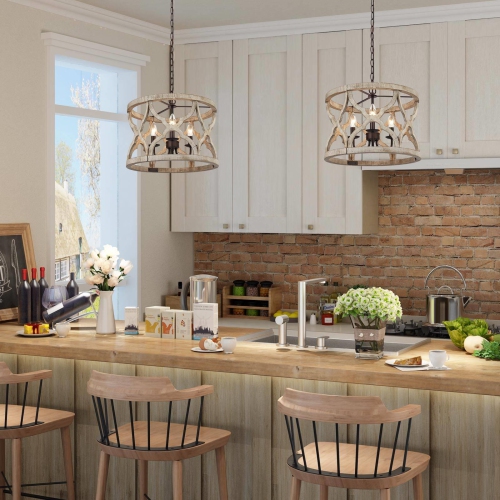 Lustre moderne de style champêtre en bois à 3 lampes pour salle à manger