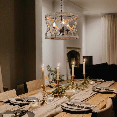 Lustre moderne de style champêtre en bois à 3 lampes pour salle à manger