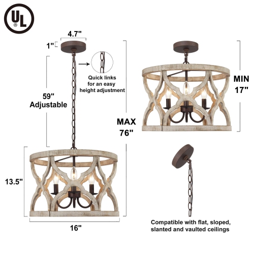 Lustre moderne de style champêtre en bois à 3 lampes pour salle à manger