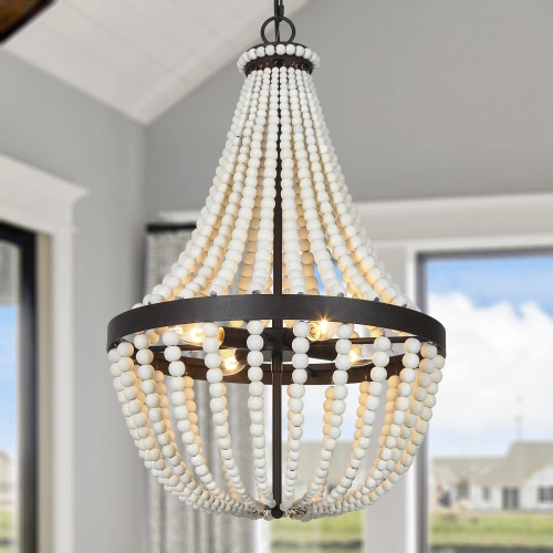 Coastal 4-Light White Wood Beads Empire Chandelier for Dining Room