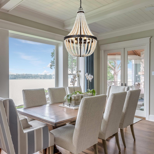 Coastal 4-Light White Wood Beads Empire Chandelier for Dining Room