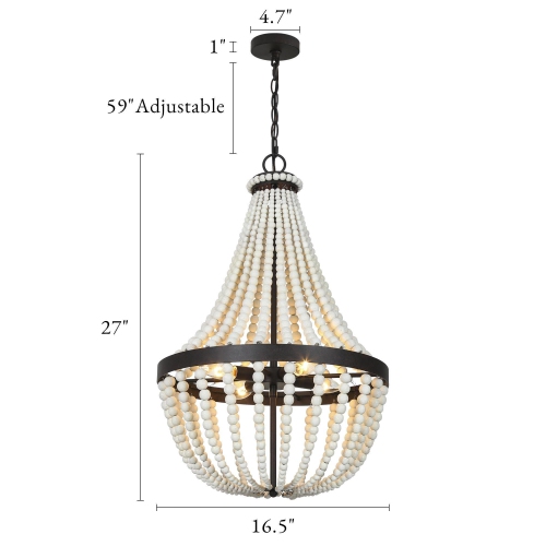 Coastal 4-Light White Wood Beads Empire Chandelier for Dining Room