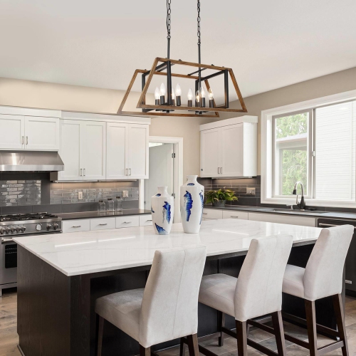 Modern Farmhouse 8-Light 30" Geometric Chandelier Faux Wood Island Lights