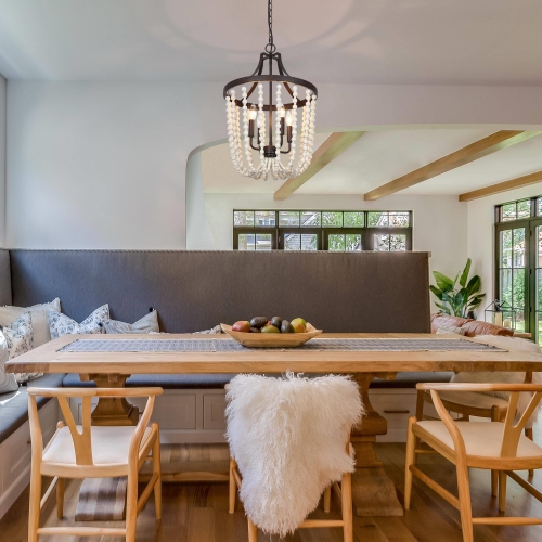 Modern Farmhouse 4-Light Wood Beads Lantern Chandelier for Dining Room
