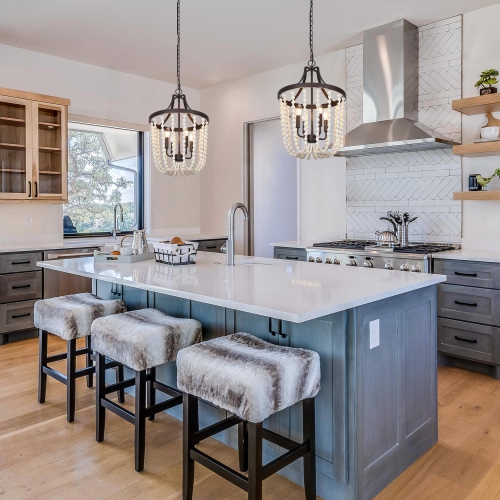 Modern Farmhouse 4-Light Wood Beads Lantern Chandelier for Dining Room