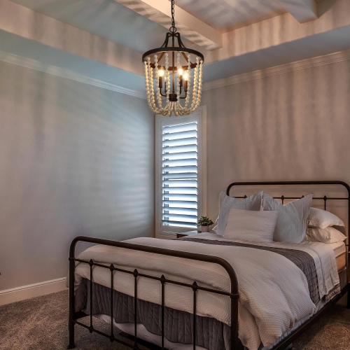 Modern Farmhouse 4-Light Wood Beads Lantern Chandelier for Dining Room