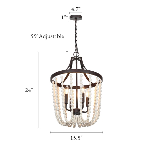 Modern Farmhouse 4-Light Wood Beads Lantern Chandelier for Dining Room