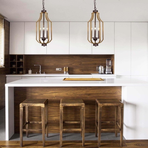 Modern Farmhouse 3-Light Wood Grain Lantern Island Pendant Lights for Dining Room