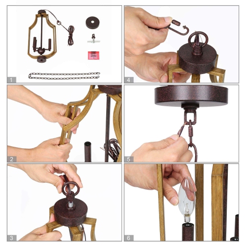 Modern Farmhouse 3-Light Wood Grain Lantern Island Pendant Lights for Dining Room