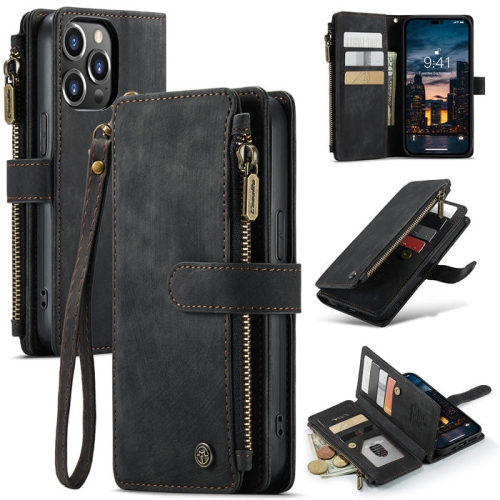 CASEME  Wallet Case Premium Handmade Pu Leather Phone Case Card Slots Magnetic Closure Zipper Pocket Kickstand Flip Case w Hand Strap for Iphone 14
