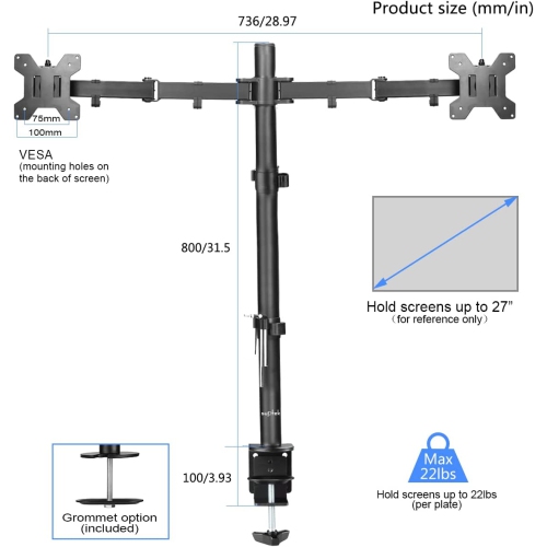 Dual LED LCD Monitor Stand up Desk Mount Extra Tall 31.5' Pole Heavy Duty Fully Adjustable Stand for 2 / Two Screens up to 27 inch