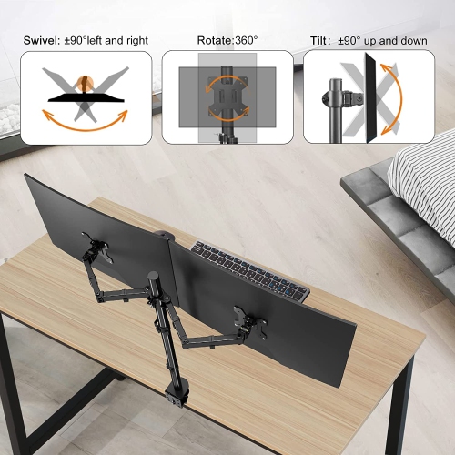 Dual LED LCD Monitor Stand up Desk Mount Extra Tall 31.5' Pole Heavy Duty Fully Adjustable Stand for 2 / Two Screens up to 27 inch