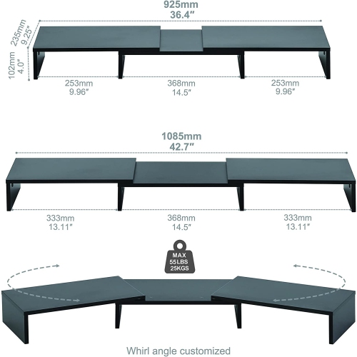 Dual Monitor Stand - 3 Shelf Computer Monitor Riser, Wood Desktop Stand with Adjustable Length and Angle, Desk Accessories, Office Supplies Medium