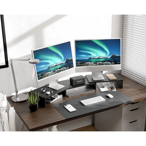 Dual Monitor Stand - 3 Shelf Computer Monitor Riser, Wood Desktop Stand with Adjustable Length and Angle, Desk Accessories, Office Supplies Medium