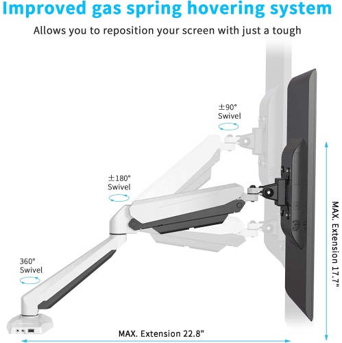 Fully Adjustable Single Gas Spring Monitor Mount Stand with Swing Arm for 15'-32' Monitor Features USB 3.0 Port and Audio Port- SA-GM212U