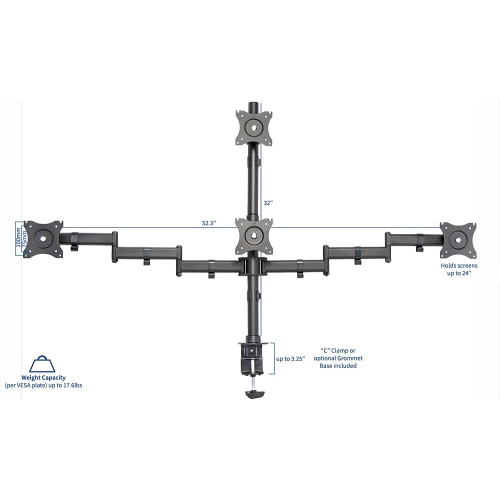 Quad LCD Monitor Heavy Duty Desk Mount 3 Plus 1 Stand, Holds 4 Screens up to 24 inches, STAND-V004Y