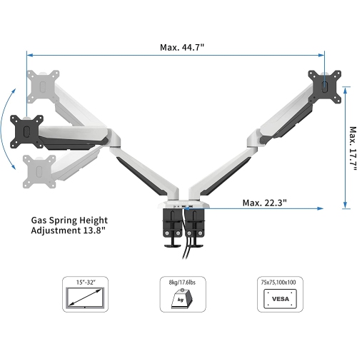 Fully Adjustable Dual Gas Spring Dual Monitors Mount Stand with 2 Swing Arms for 15'-32' Monitors Features 2 USB 3.0 Ports and Audio Port - SA-GM224U
