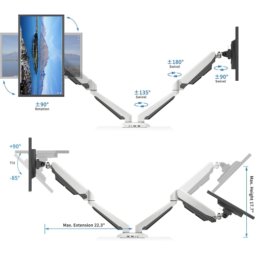 Fully Adjustable Dual Gas Spring Dual Monitors Mount Stand with 2 Swing Arms for 15'-32' Monitors Features 2 USB 3.0 Ports and Audio Port - SA-GM224U