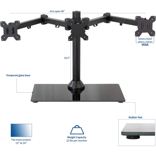 Black Triple Monitor Mount Freestanding Desk Stand with Glass Base, Heavy Duty Fully Adjustable Stand for 3 Screens up to 24 inches STAND-V003FG