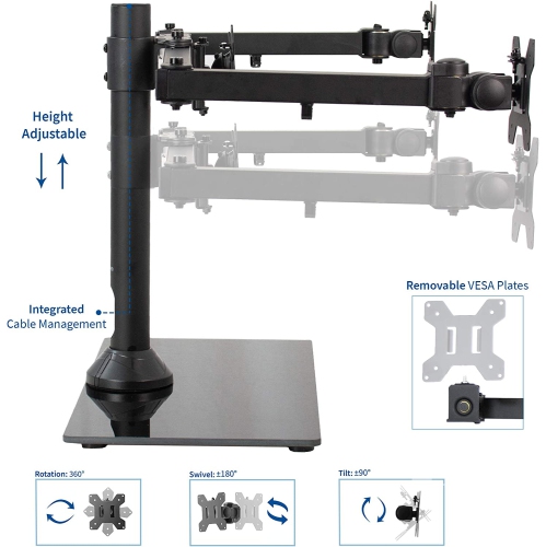 Black Triple Monitor Mount Freestanding Desk Stand with Glass Base, Heavy Duty Fully Adjustable Stand for 3 Screens up to 24 inches STAND-V003FG