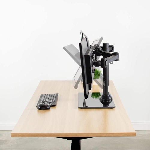 Black Triple Monitor Mount Freestanding Desk Stand with Glass Base, Heavy Duty Fully Adjustable Stand for 3 Screens up to 24 inches STAND-V003FG