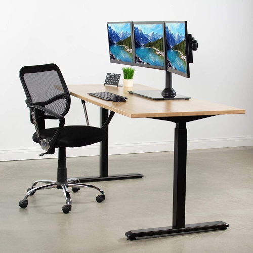 Black Triple Monitor Mount Freestanding Desk Stand with Glass Base, Heavy Duty Fully Adjustable Stand for 3 Screens up to 24 inches STAND-V003FG