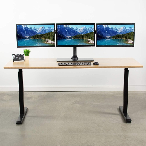 Black Triple Monitor Mount Freestanding Desk Stand with Glass Base, Heavy Duty Fully Adjustable Stand for 3 Screens up to 24 inches STAND-V003FG